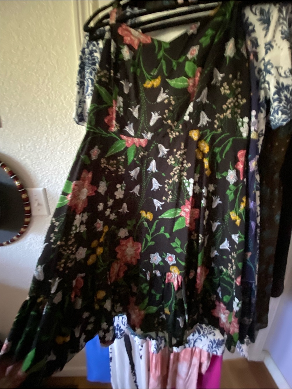 Old Navy Black Floral A-Line Dress with Pink and Green Accents. Fits like Medium